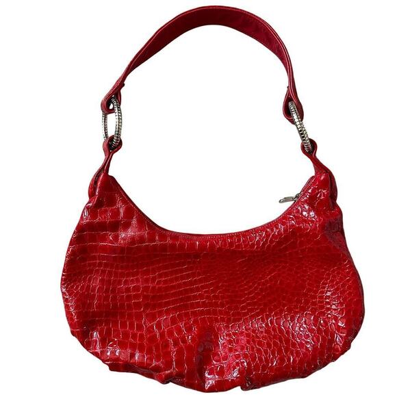 Red Genuine Leather Croc-Embossed Shoulder Bag | Silver Hardware, Hobo Style - Picture 7 of 7